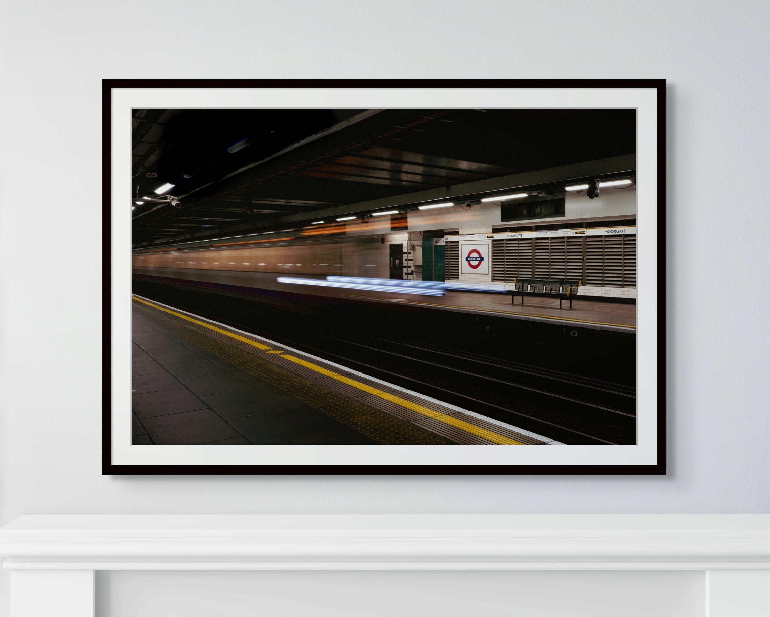 London Underground platform at night with long exposure train lights, architectural fine art print