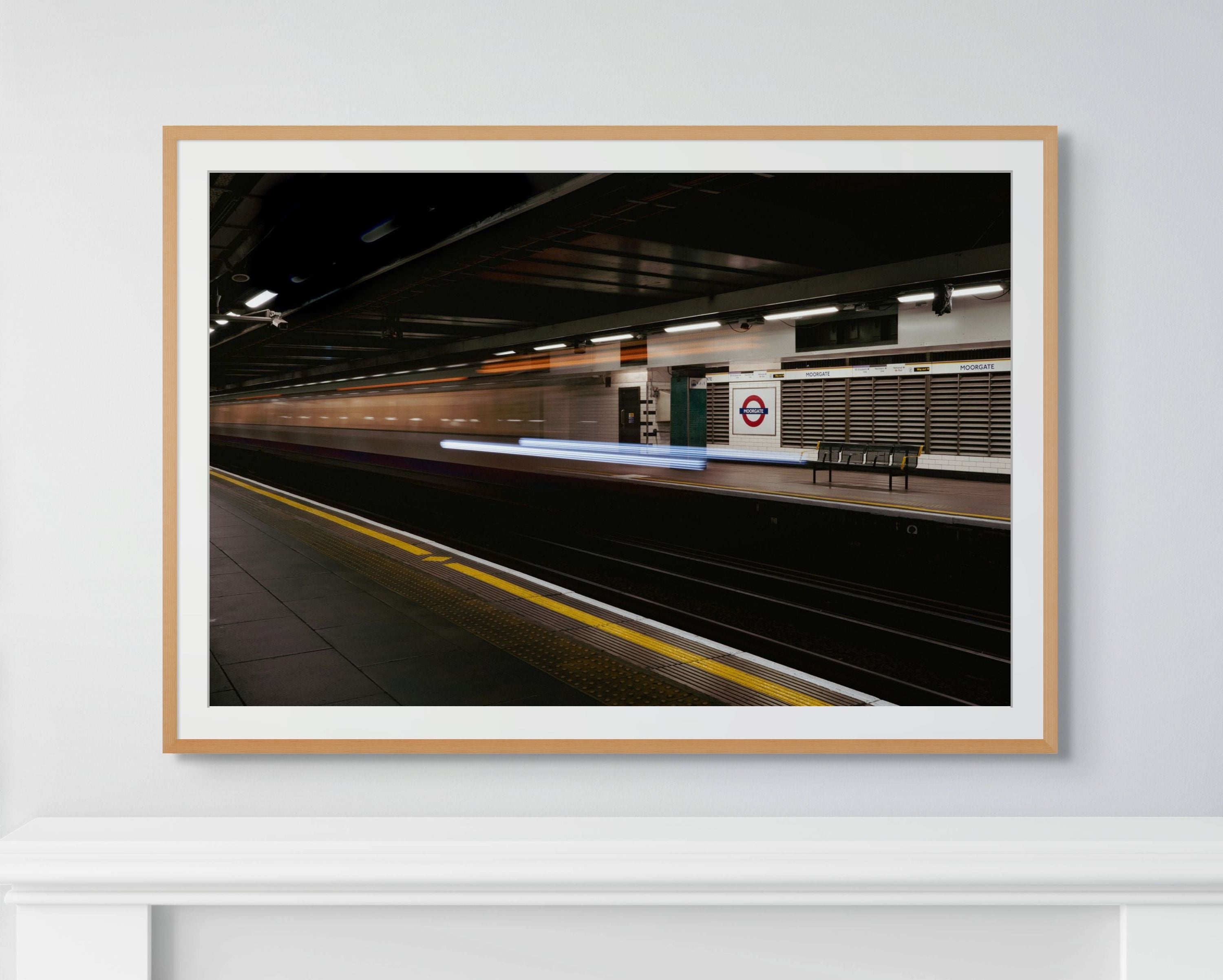 London Underground platform at night with long exposure train lights, architectural fine art print