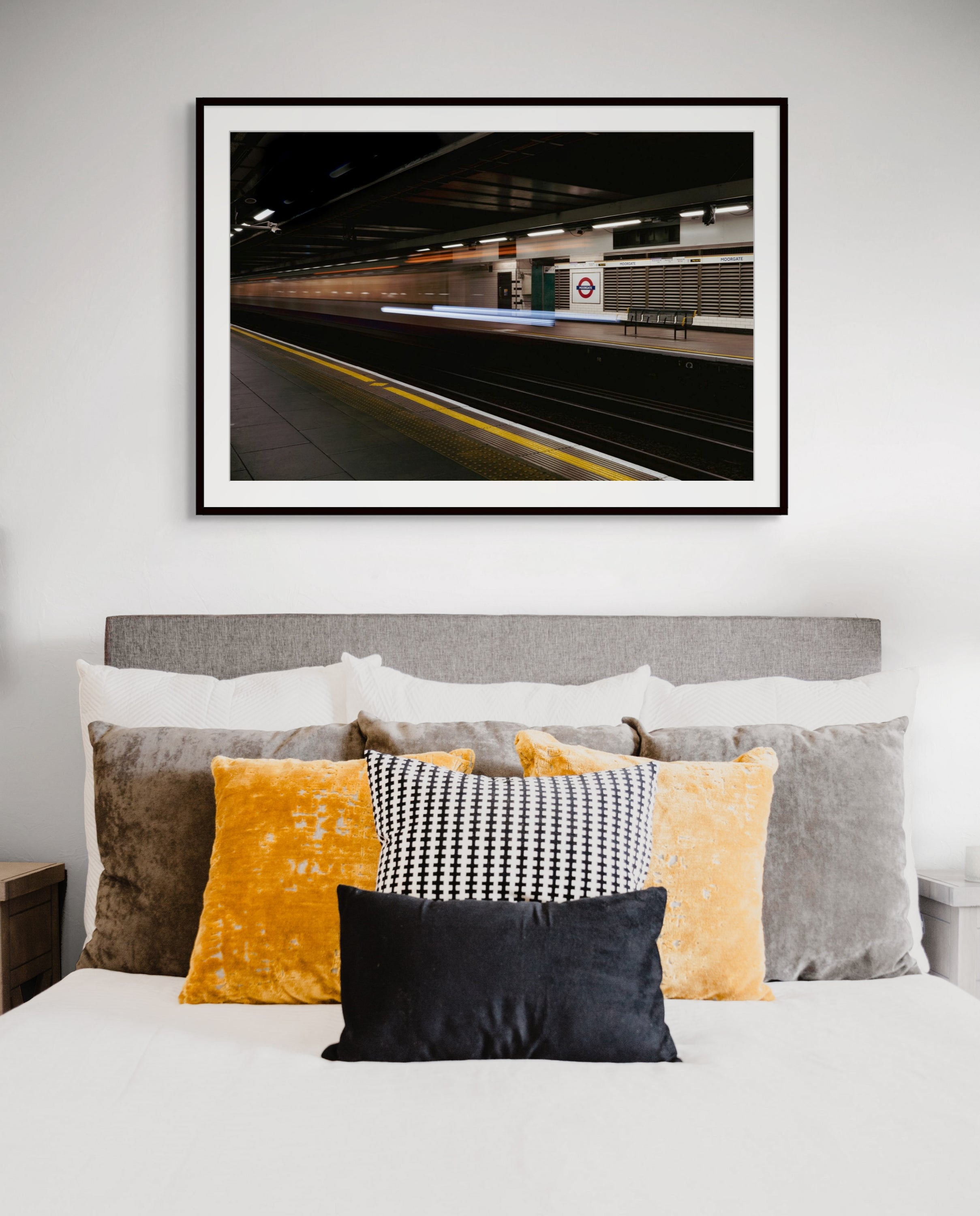 London Underground platform at night with long exposure train lights, architectural fine art print