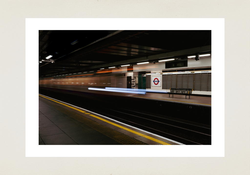 London Underground platform at night with long exposure train lights, architectural fine art print