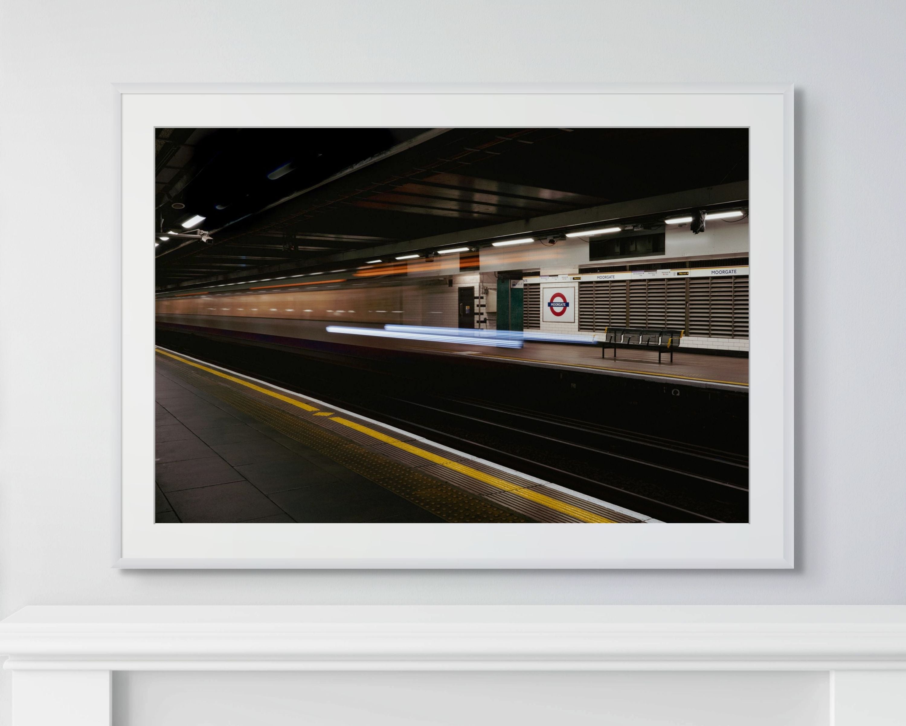 London Underground platform at night with long exposure train lights, architectural fine art print