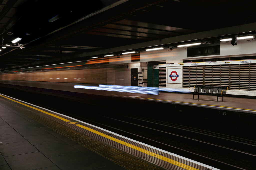 London Underground platform at night with long exposure train lights, architectural fine art print