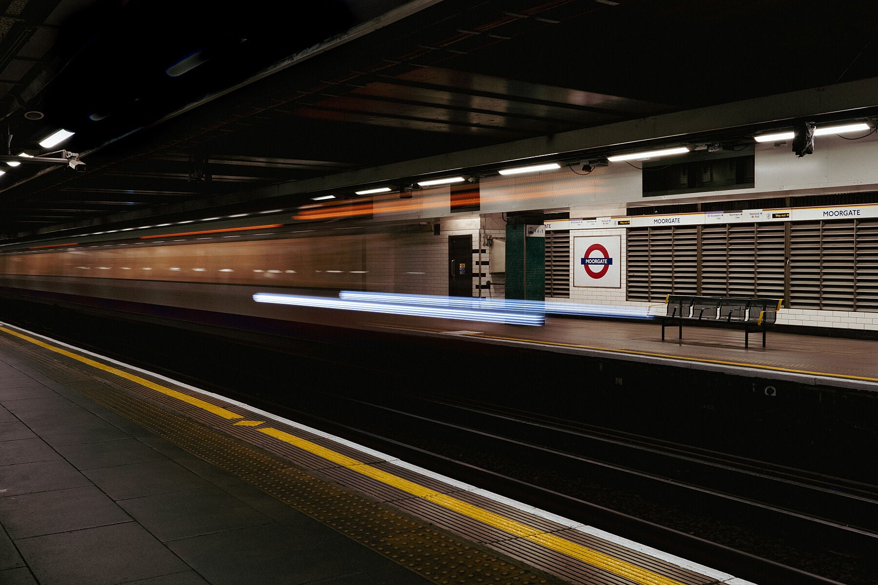 London Underground platform at night with long exposure train lights, architectural fine art print