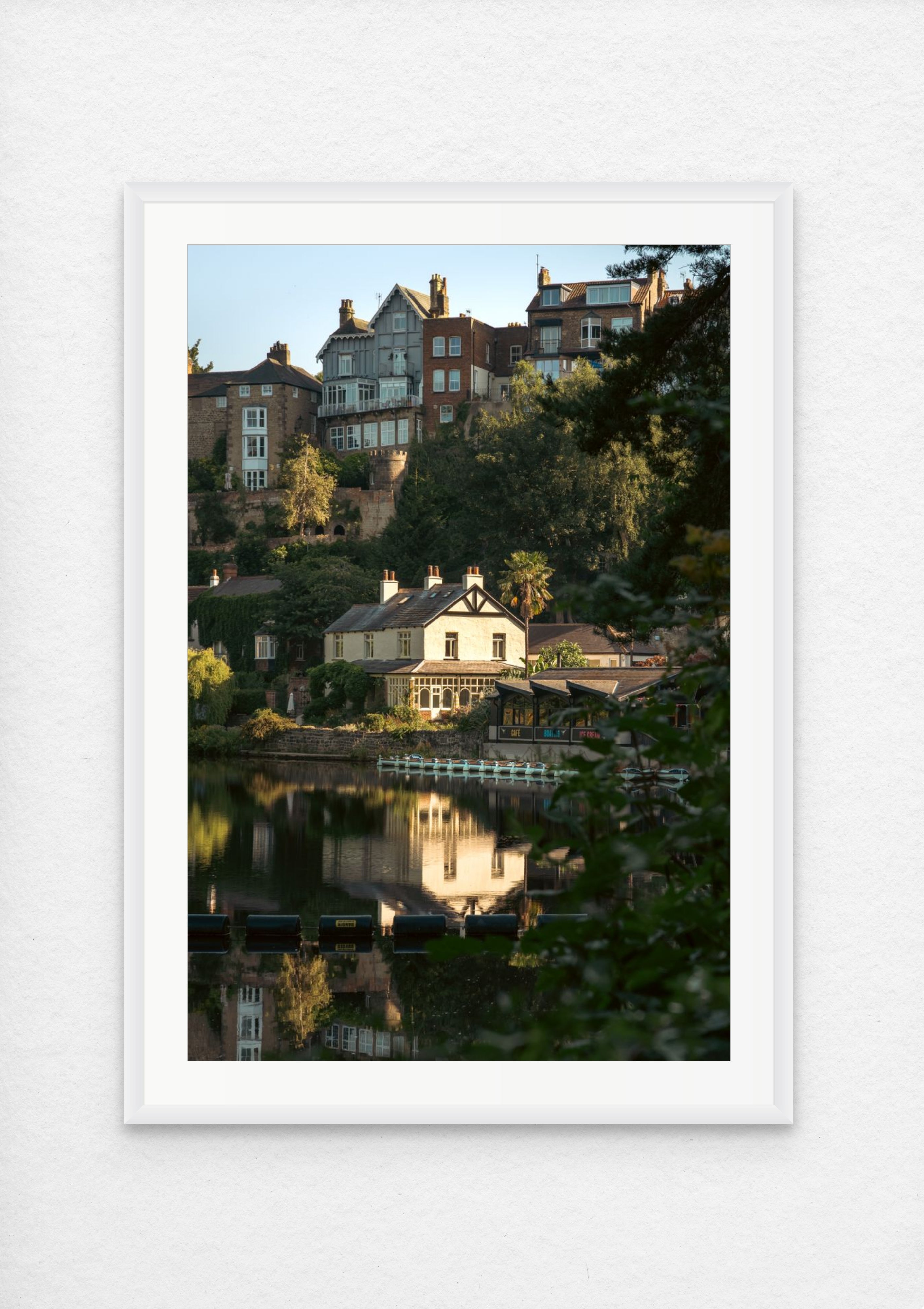 Morning on the Nidd fine art print framed in white - Knaresborough river photography